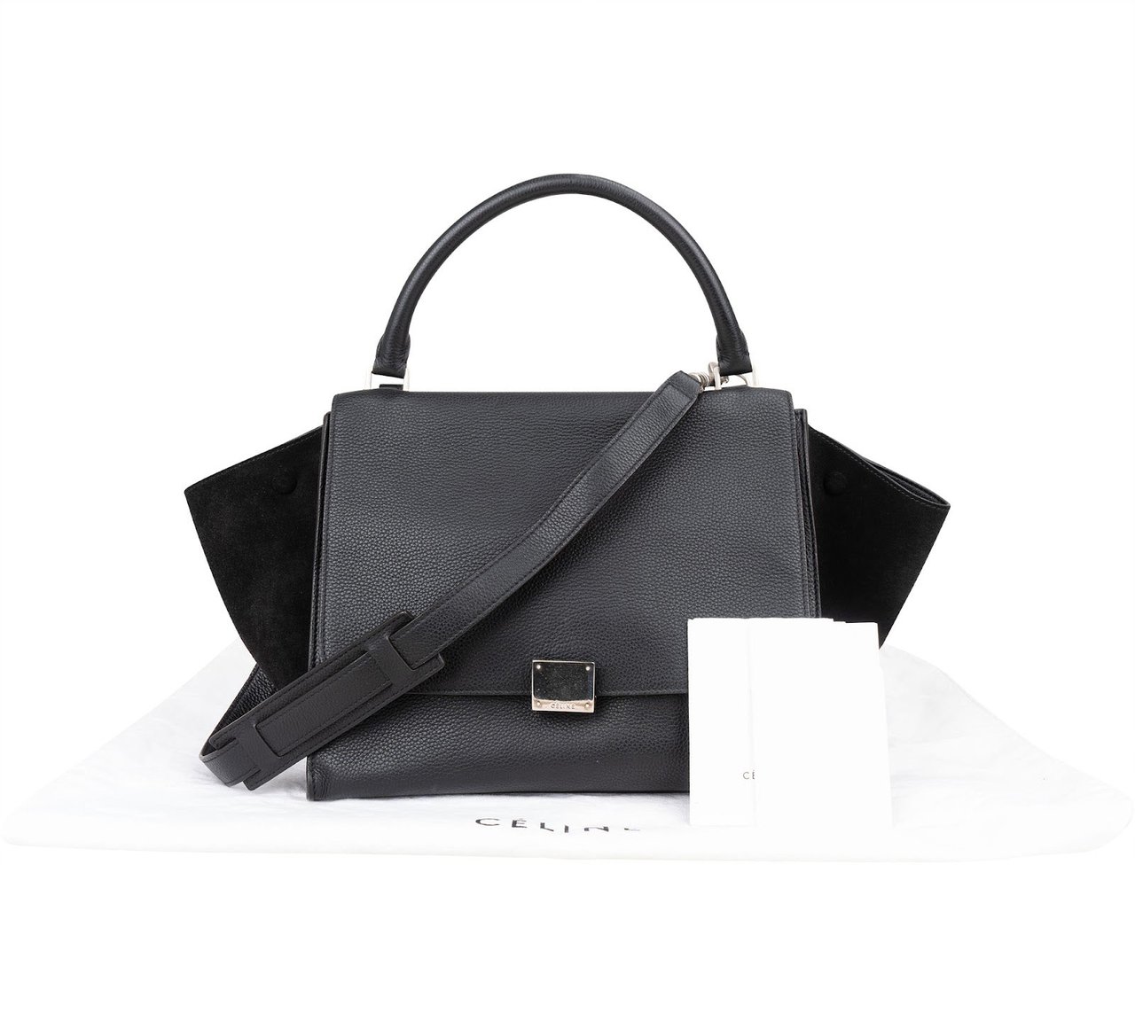 Celine Celine Grained Suede Leather Trapeze Handbag Zwart