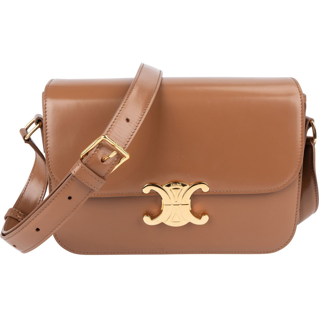 Celine Celine Shiny Calfskin Leather Medium Triomphe Crossbody Bag Bruin