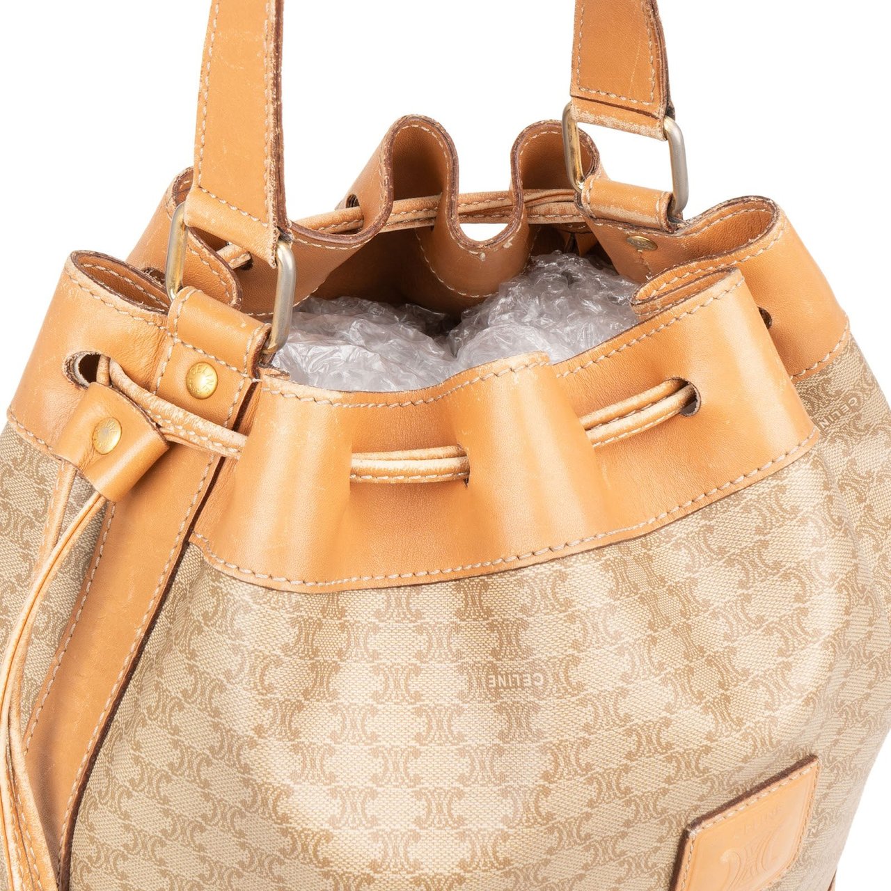 Celine Céline Macadam Monogram Bucket Drawstring Shoulder Bag Beige