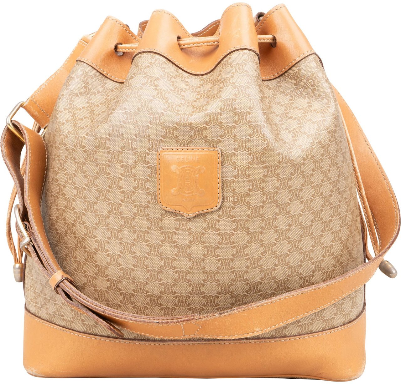 Celine Céline Macadam Monogram Bucket Drawstring Shoulder Bag Beige