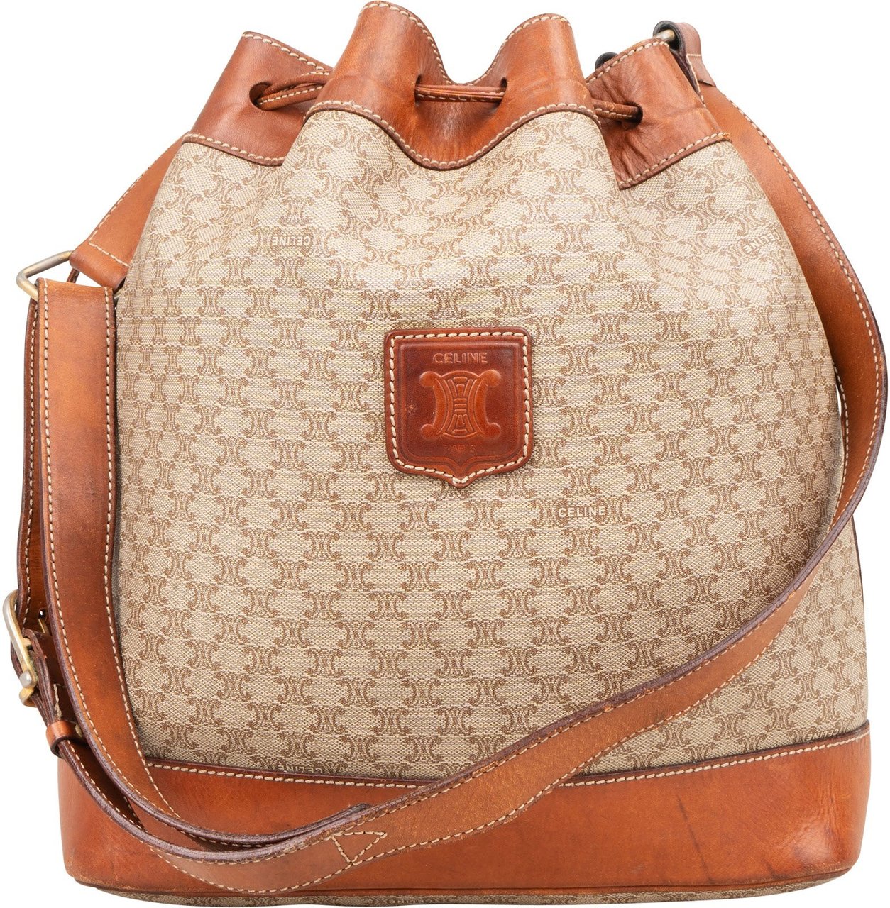 Celine Macadam Monogram Drawstring Bucket Shoulder Bag Beige