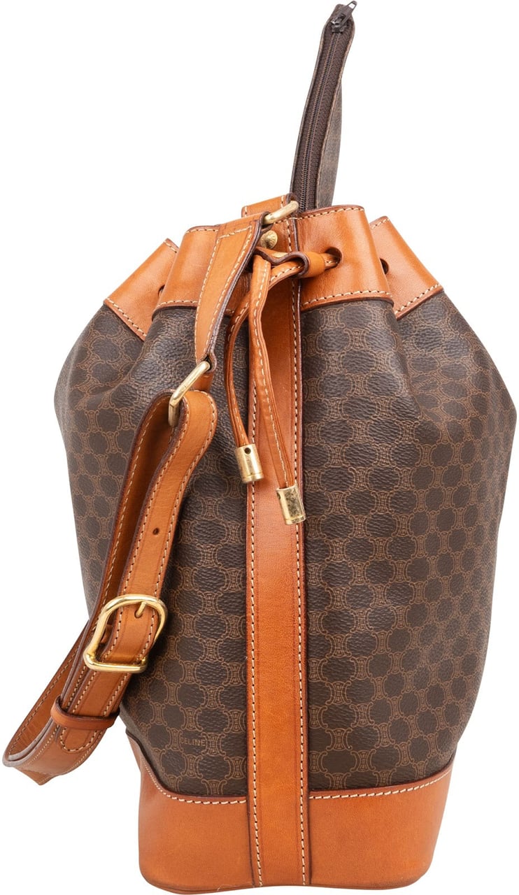 Celine Celine Monogram Macadam Canvas Drawstring Bucket Shoulder Bag Bruin