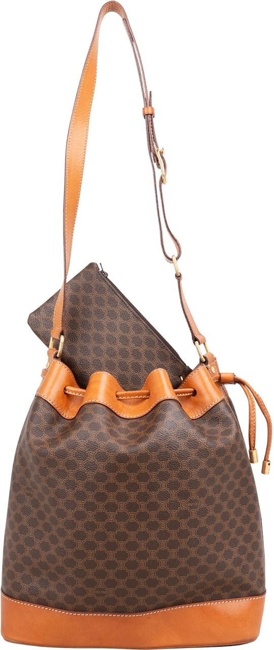 Celine Celine Monogram Macadam Canvas Drawstring Bucket Shoulder Bag Bruin