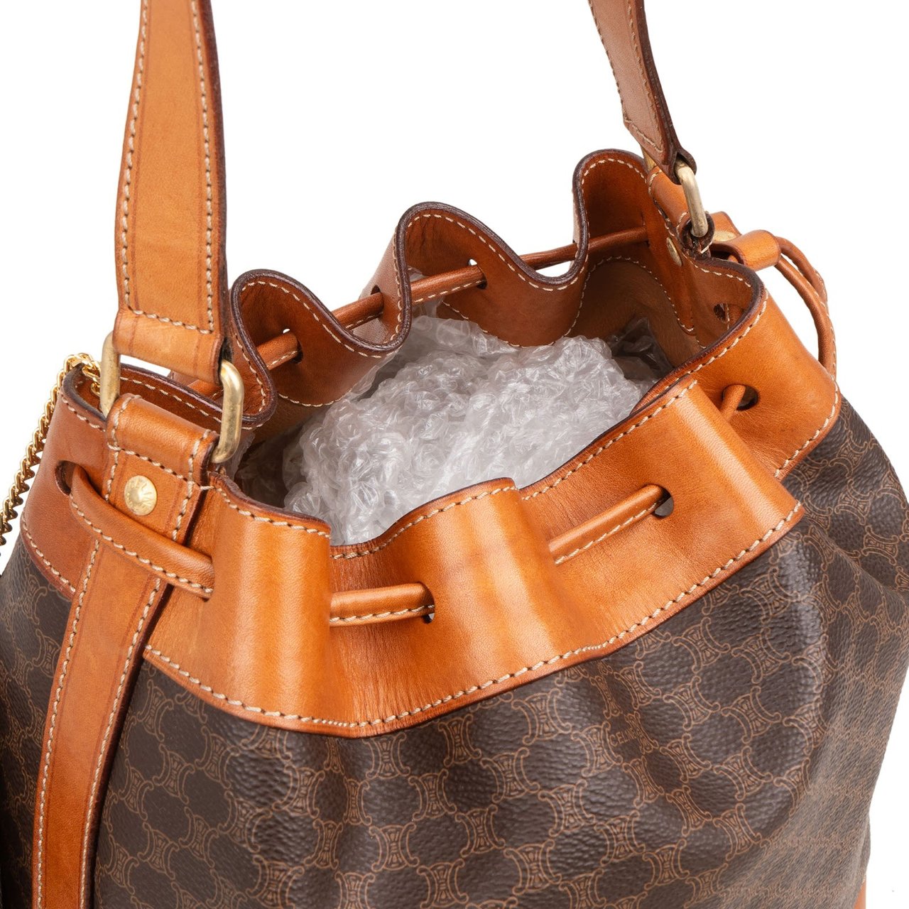 Celine Celine Monogram Macadam Canvas Drawstring Bucket Shoulder Bag Bruin