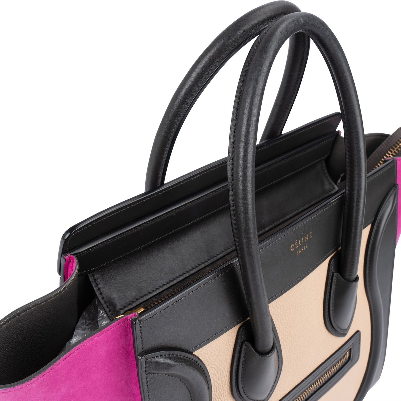 Celine Céline Tricolor Suede Leather Luggage Handbag Beige