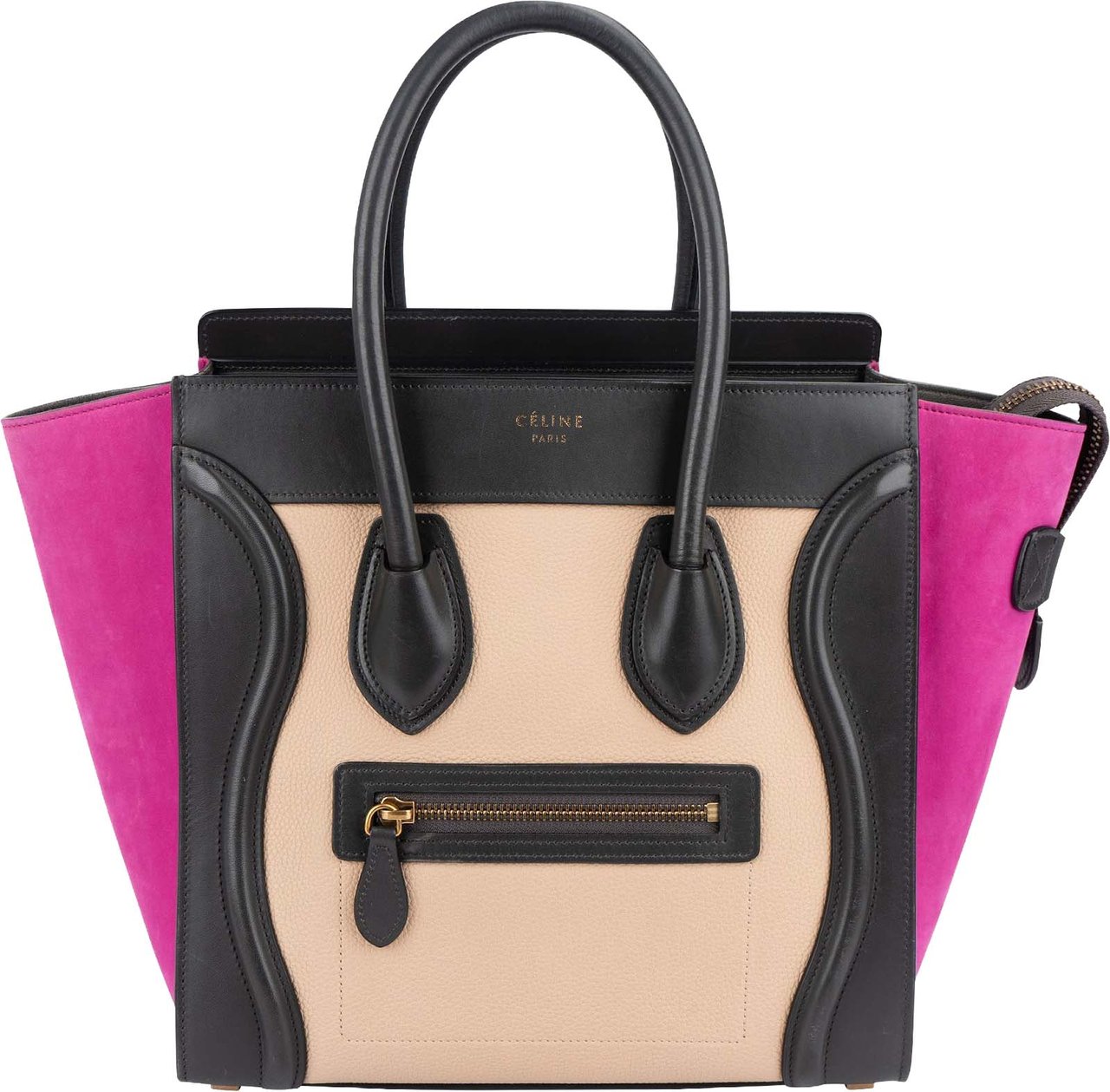 Celine Céline Tricolor Suede Leather Luggage Handbag Beige
