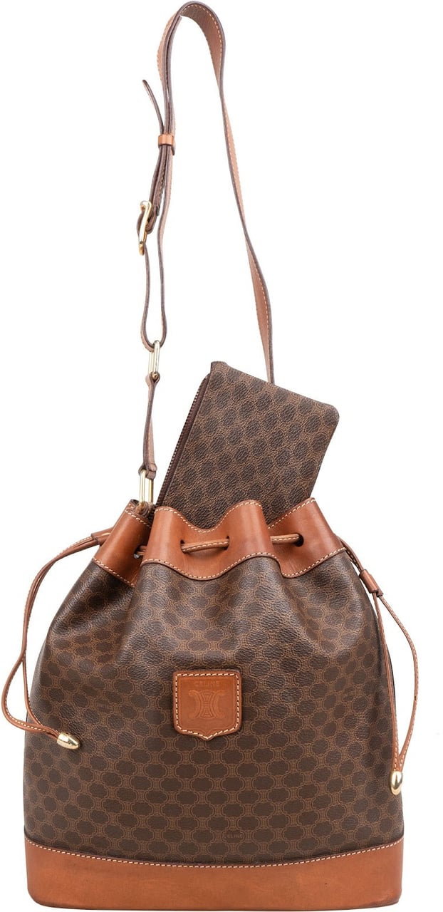 Celine Macadam Monogram Canvas Drawstring Bucket Shoulder Bag Bruin