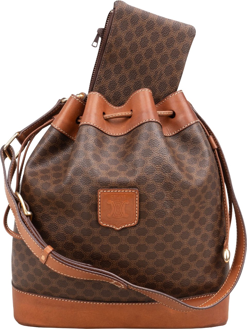 Celine Macadam Monogram Canvas Drawstring Bucket Shoulder Bag Bruin