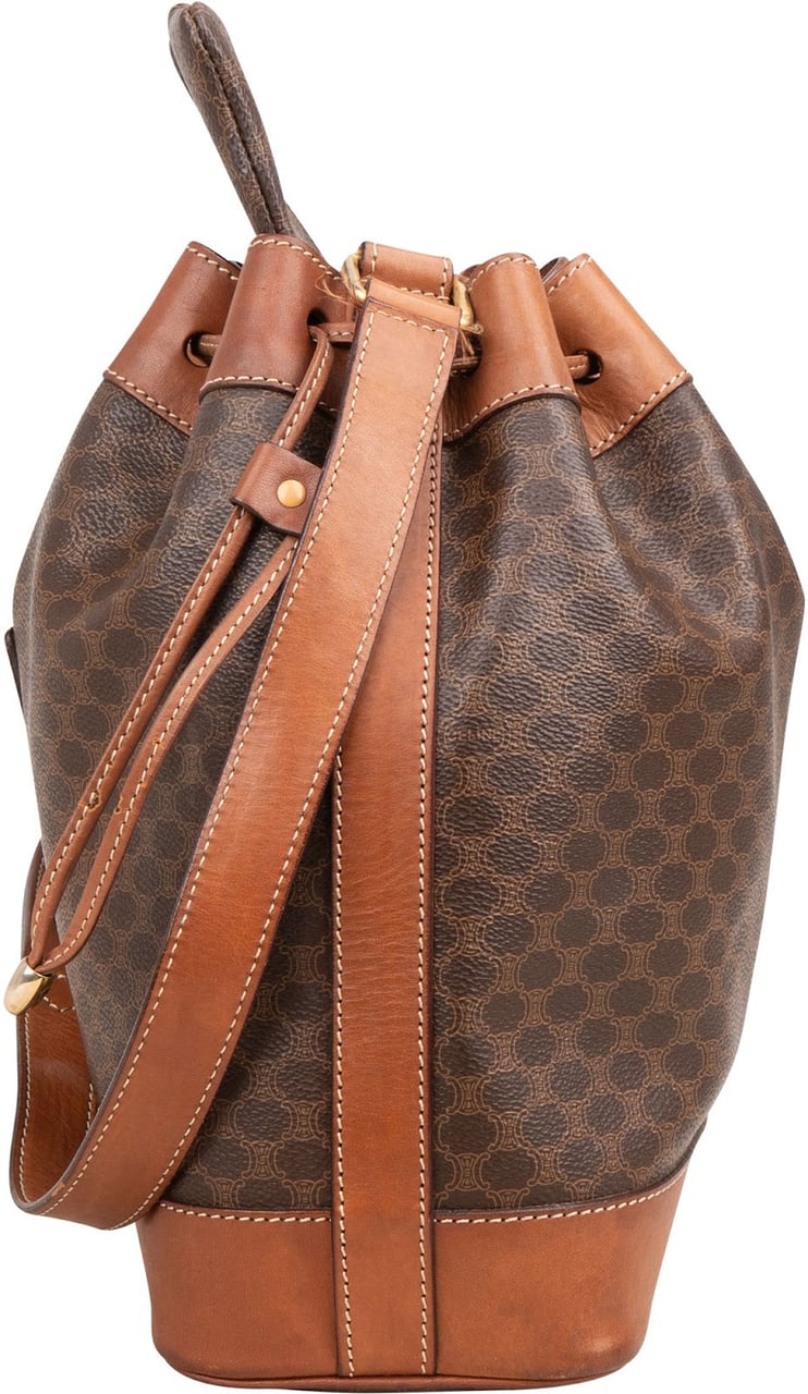 Celine Macadam Monogram Canvas Drawstring Bucket Shoulder Bag Bruin