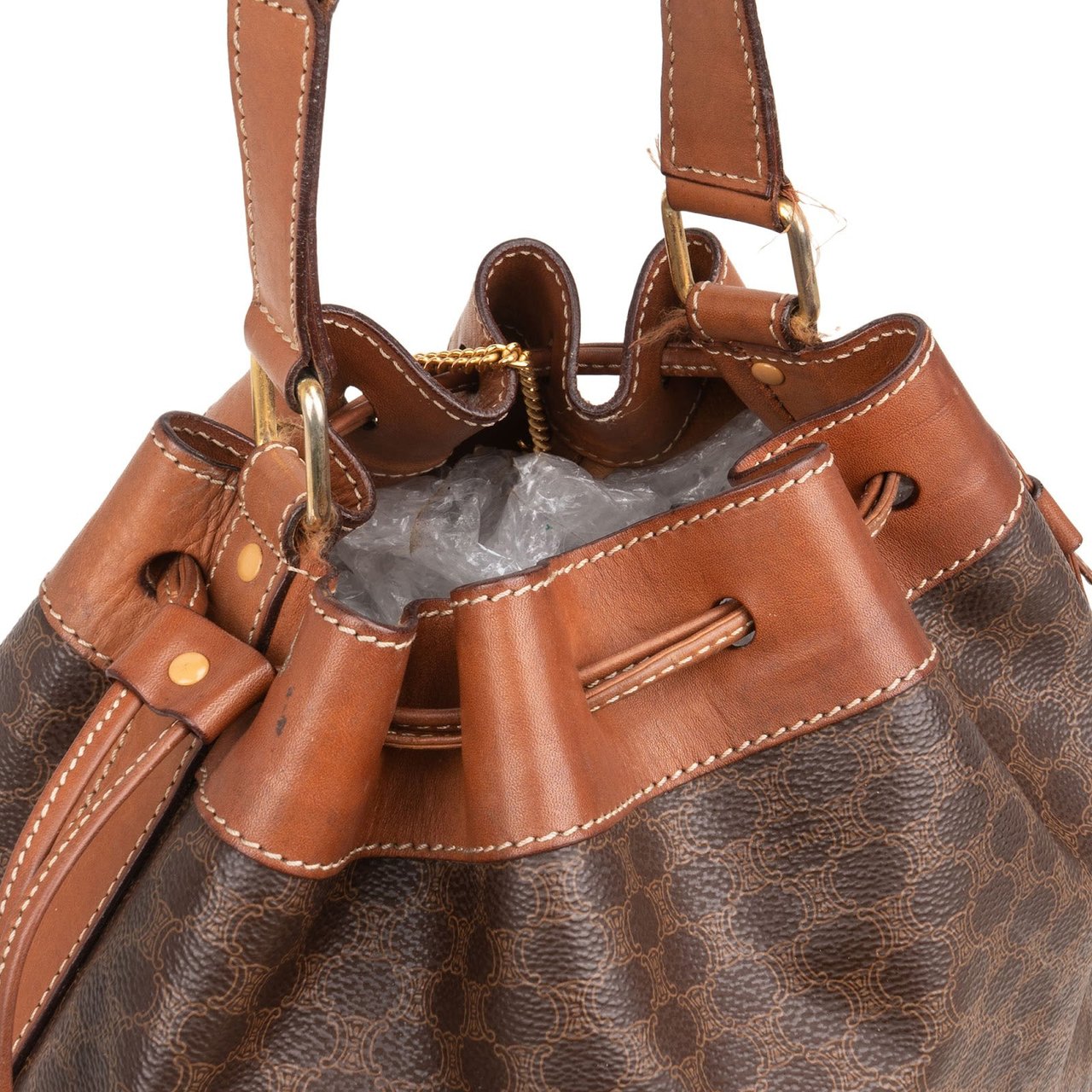 Celine Macadam Monogram Canvas Drawstring Bucket Shoulder Bag Bruin