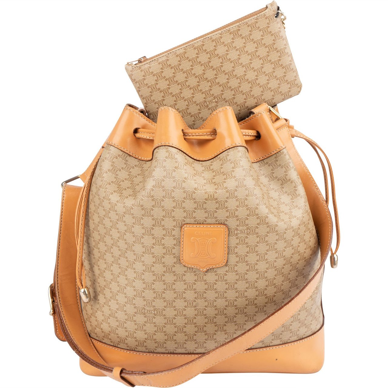 Celine Monogram Macadam Bucket Shoulder Bag Beige