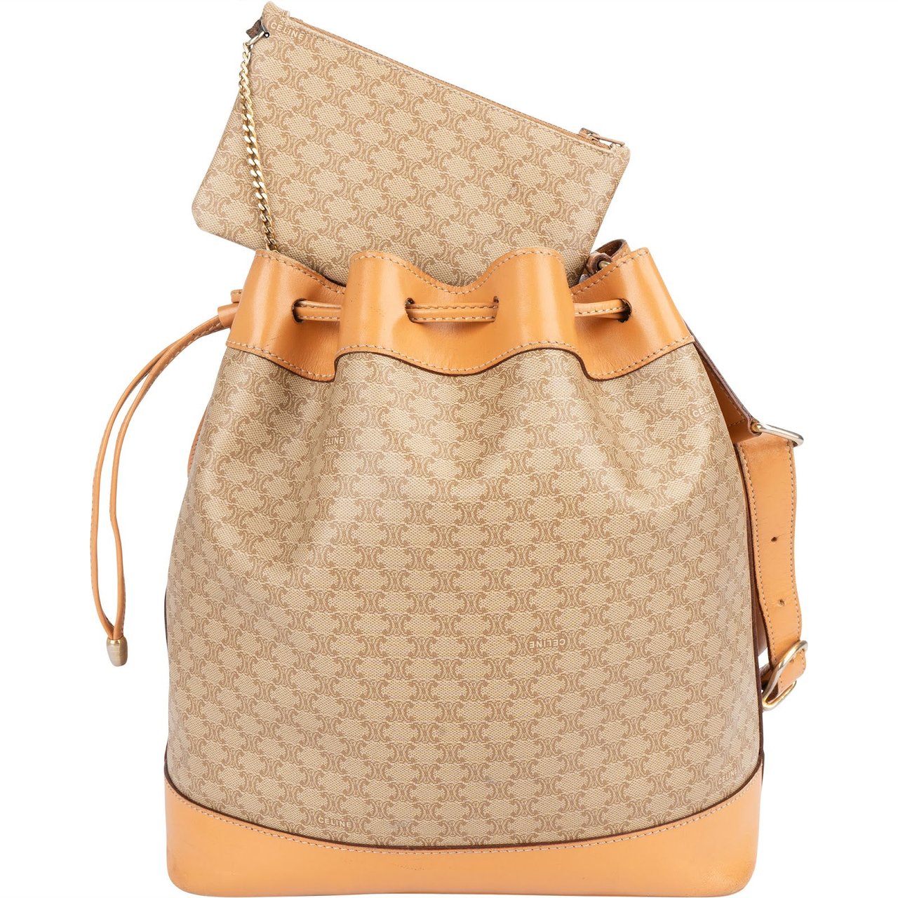 Celine Monogram Macadam Bucket Shoulder Bag Beige