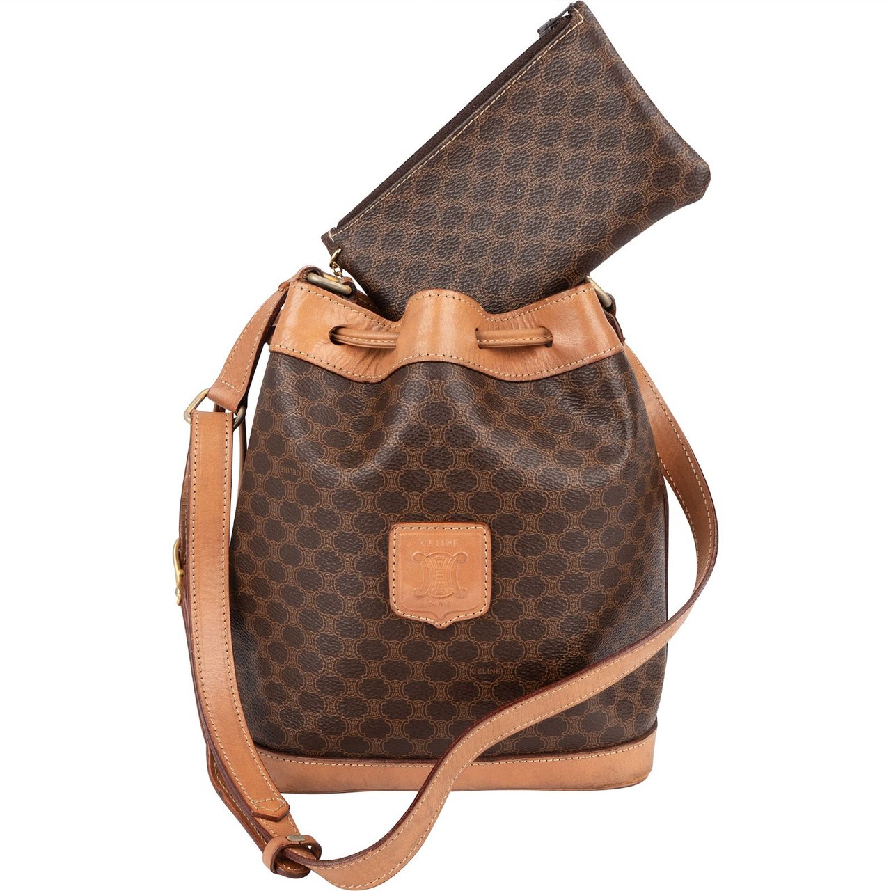 Celine Macadam Monogram Canvas Drawstring Bucket Shoulder Bag Bruin