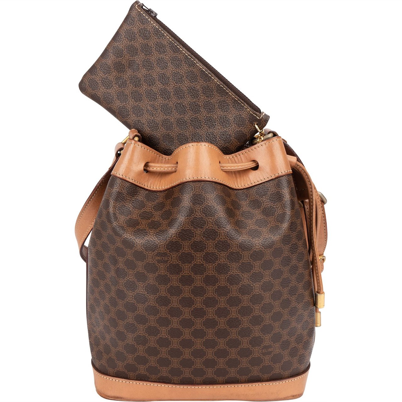 Celine Macadam Monogram Canvas Drawstring Bucket Shoulder Bag Bruin