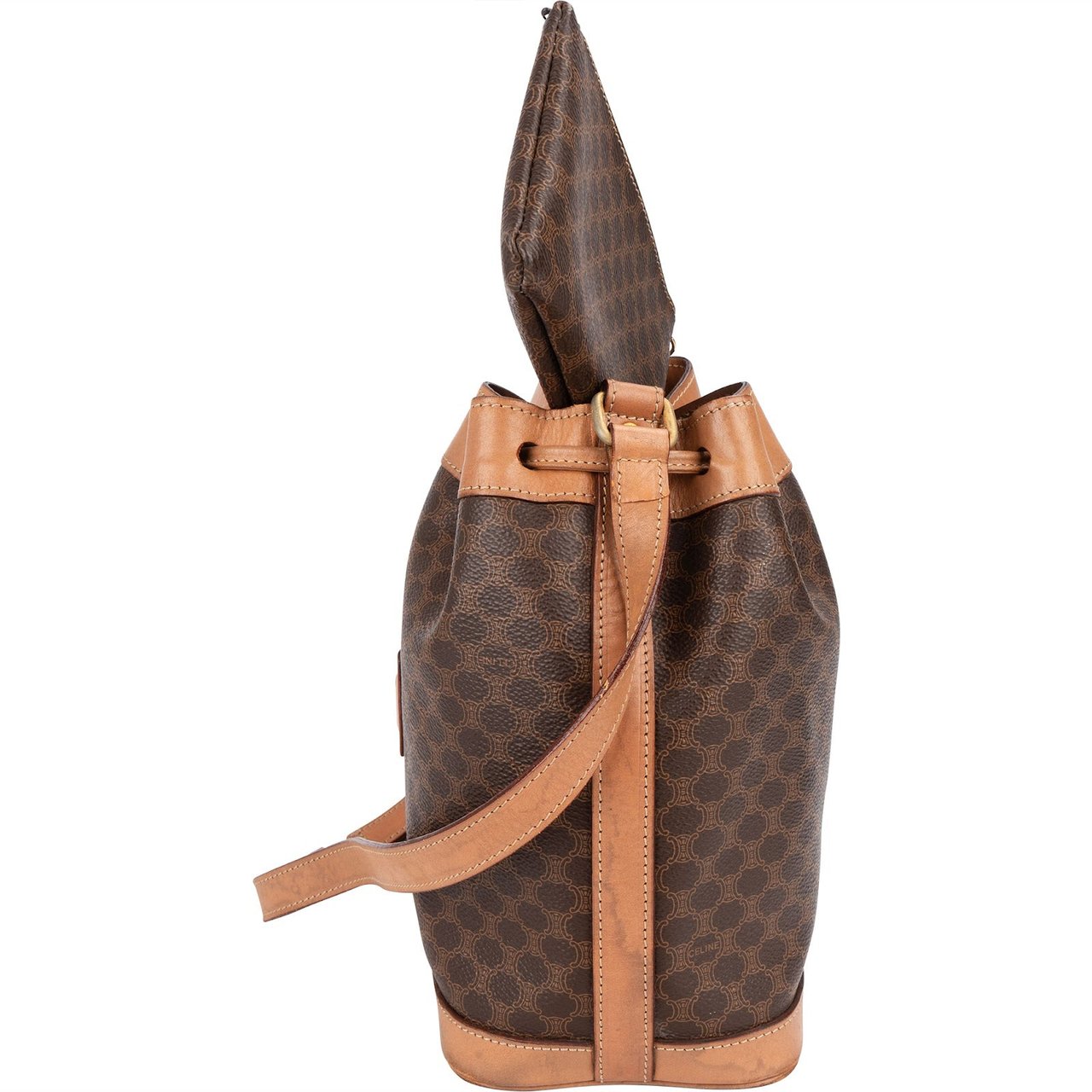Celine Macadam Monogram Canvas Drawstring Bucket Shoulder Bag Bruin
