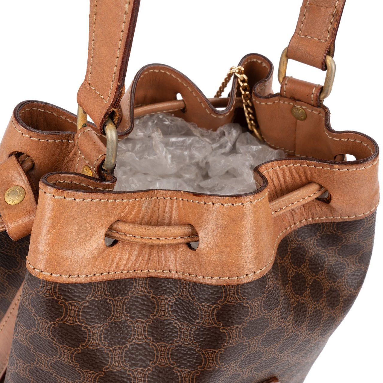 Celine Macadam Monogram Canvas Drawstring Bucket Shoulder Bag Bruin