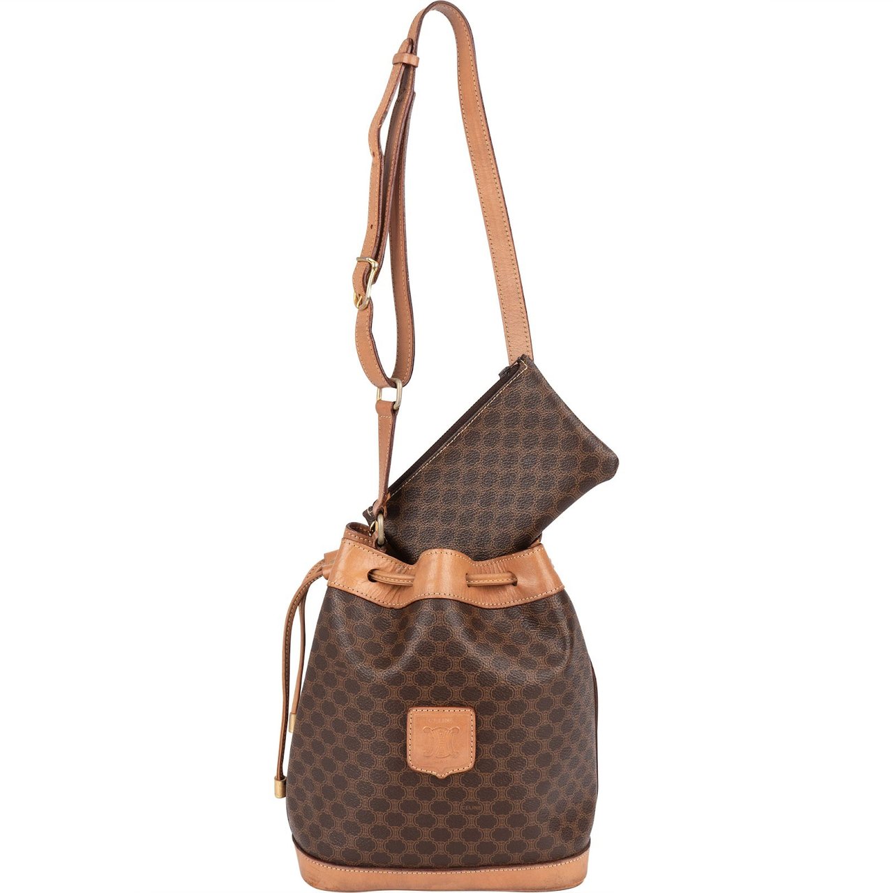 Celine Macadam Monogram Canvas Drawstring Bucket Shoulder Bag Bruin