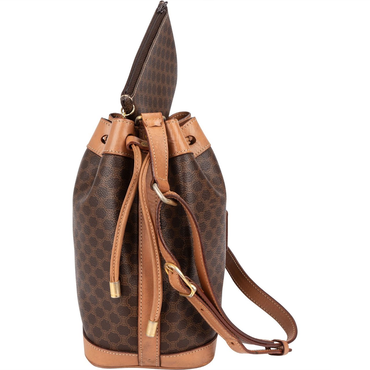 Celine Macadam Monogram Canvas Drawstring Bucket Shoulder Bag Bruin