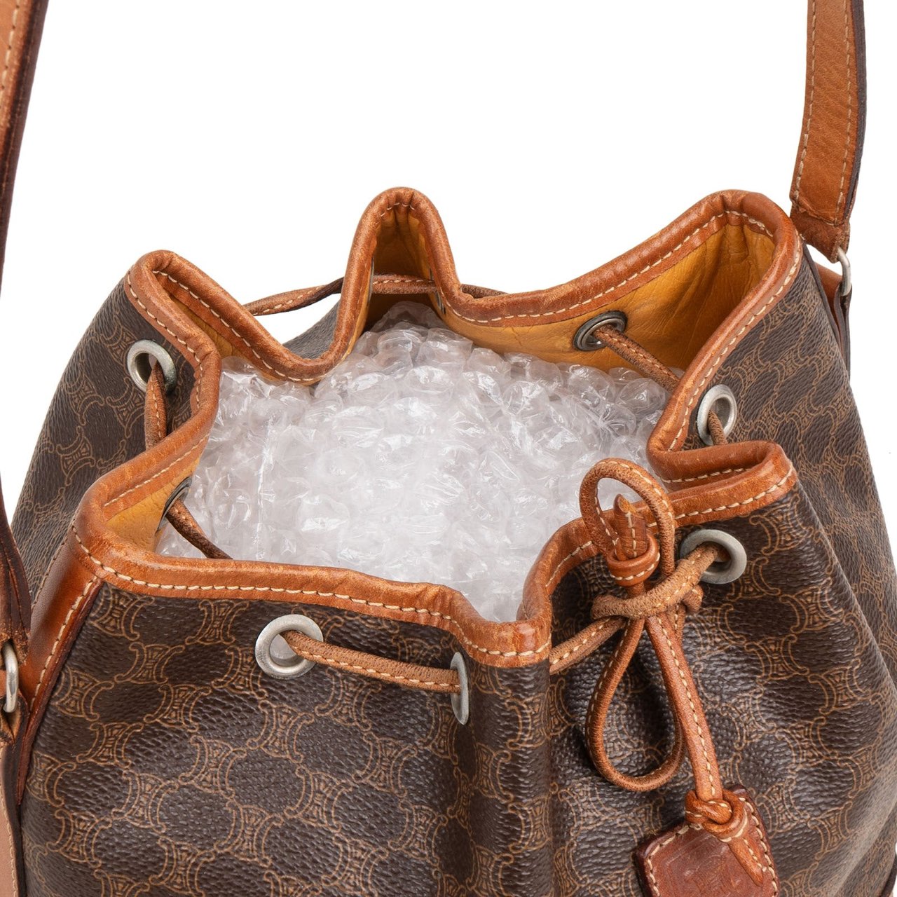 Celine Macadam Canvas Drawstring Bucket Crossbody Bag Bruin