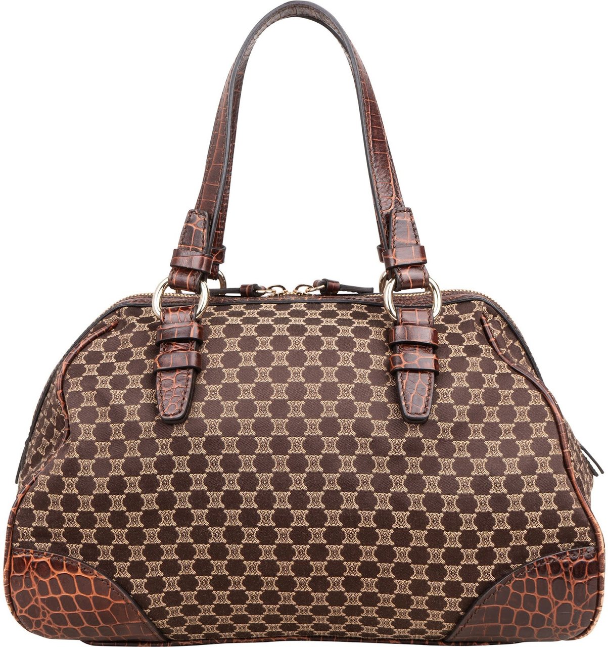 Celine Macadam Monogram Canvas Croc Optic Bowler Handbag Bruin
