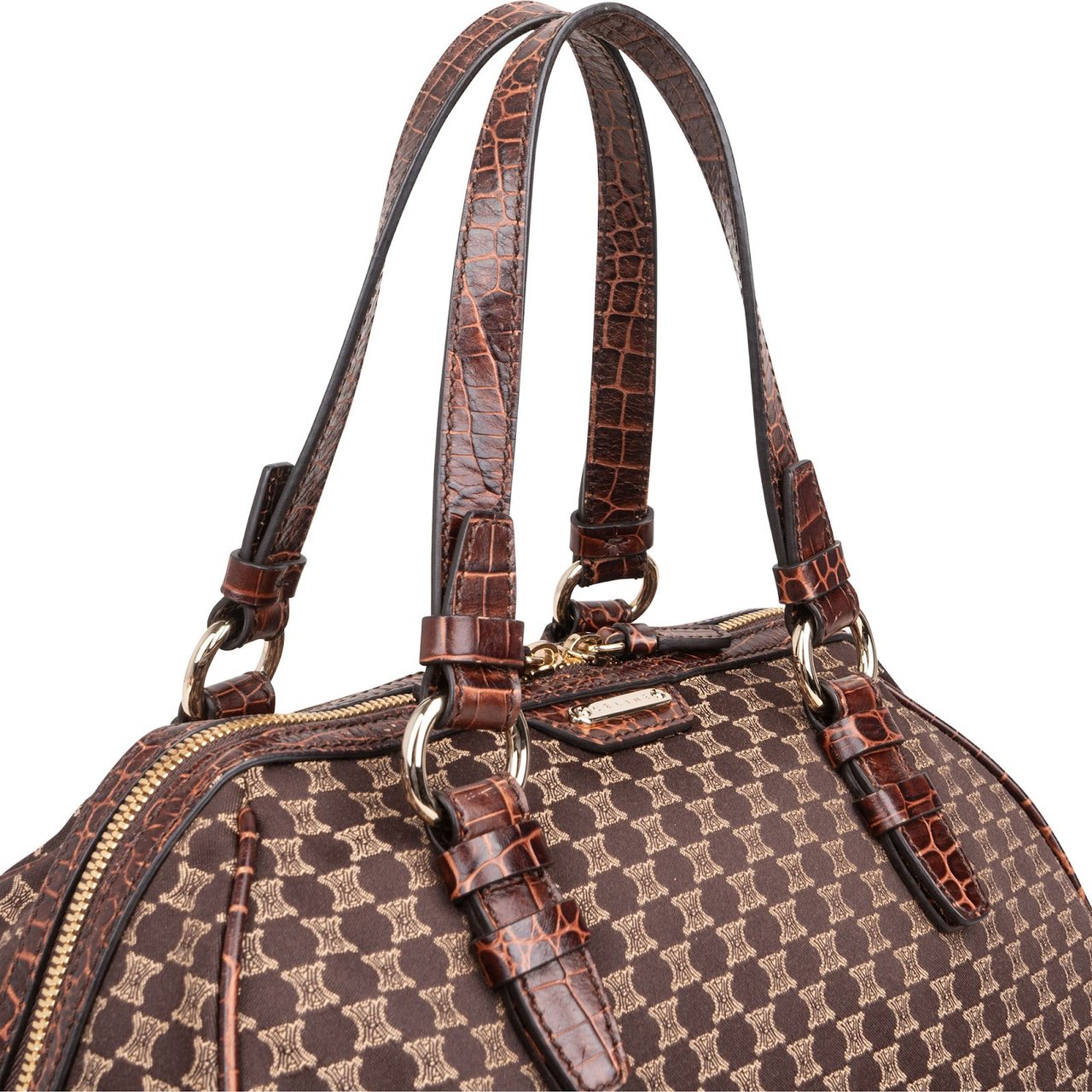 Celine Macadam Monogram Canvas Croc Optic Bowler Handbag Bruin