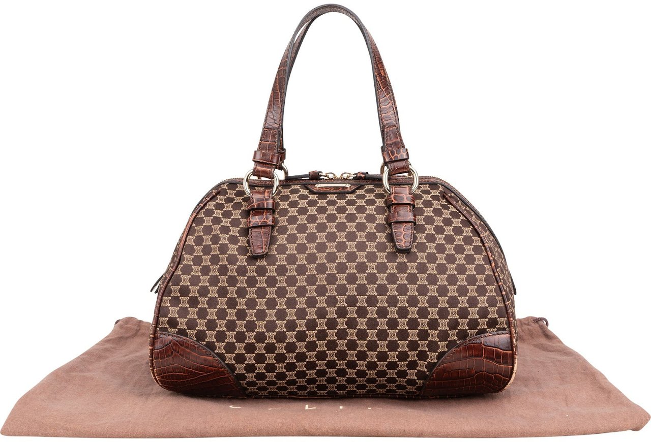 Celine Macadam Monogram Canvas Croc Optic Bowler Handbag Bruin
