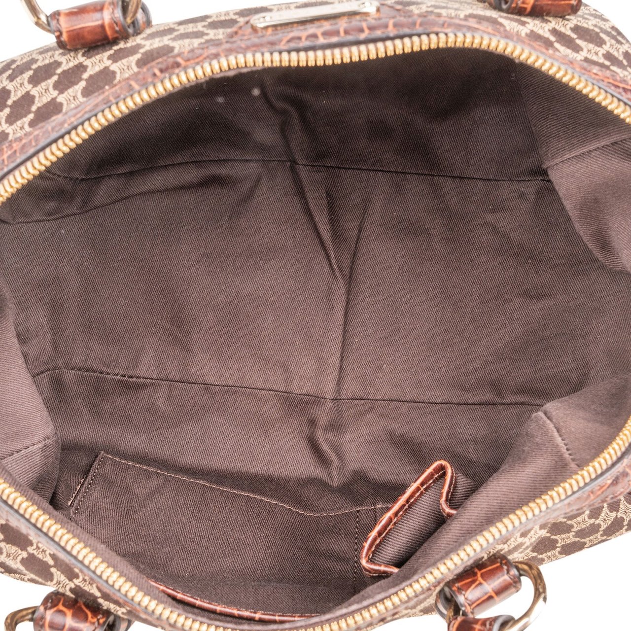 Celine Macadam Monogram Canvas Croc Optic Bowler Handbag Bruin