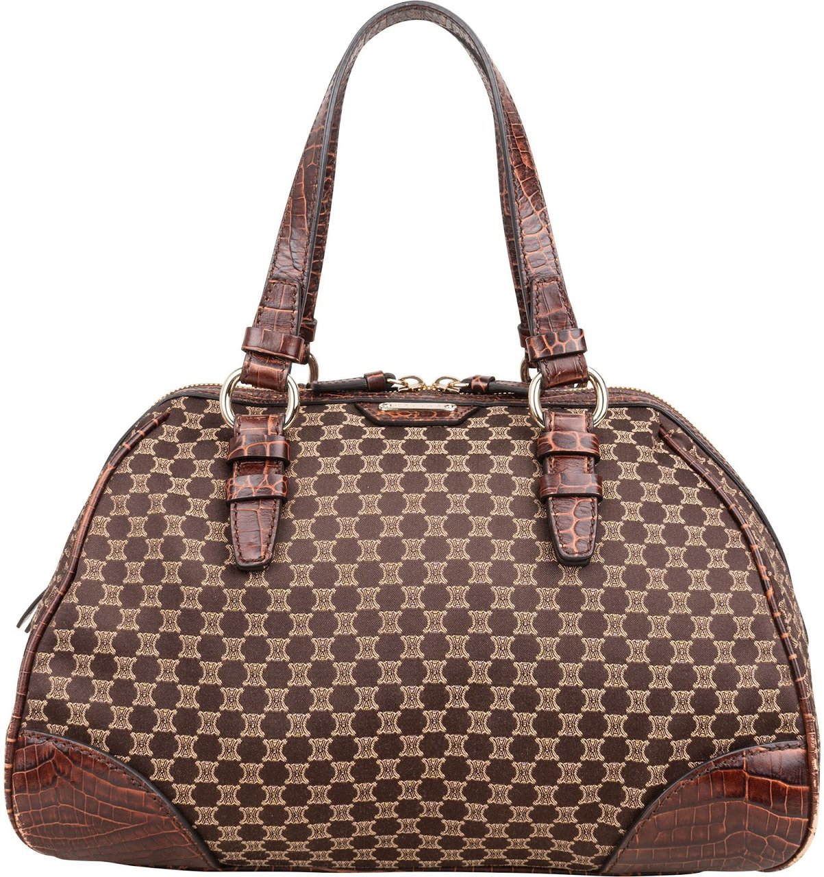 Celine Macadam Monogram Canvas Croc Optic Bowler Handbag Bruin