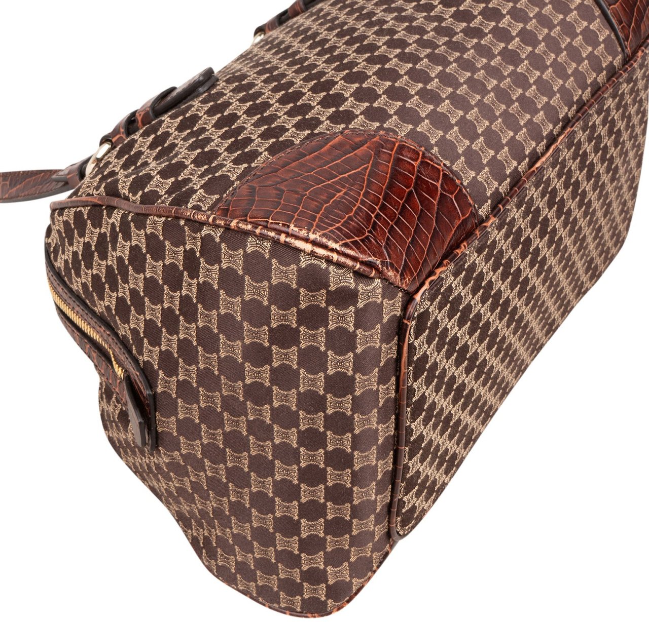 Celine Macadam Monogram Canvas Croc Optic Bowler Handbag Bruin
