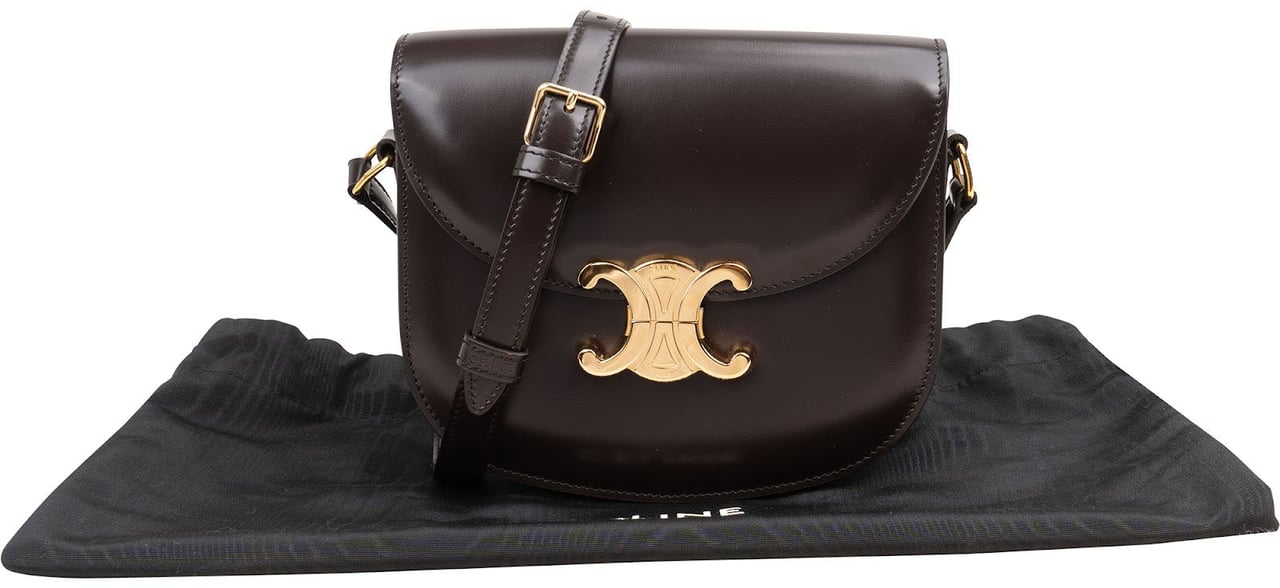 Celine Shiny Calfskin Teen Triomphe Crossbody Bag Bruin