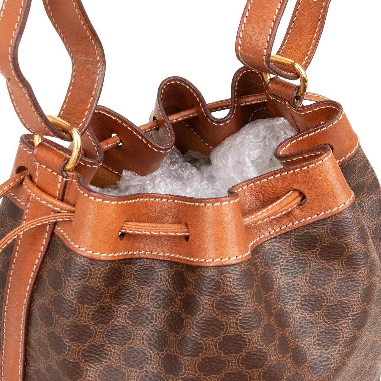 Celine Macadam Canvas Drawstring Bucket Crossbody Bag Bruin