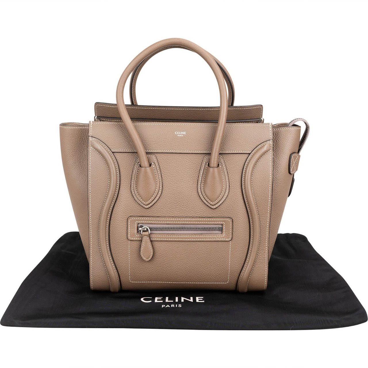Celine Drummed Calfskin Luggage Handbag Taupe