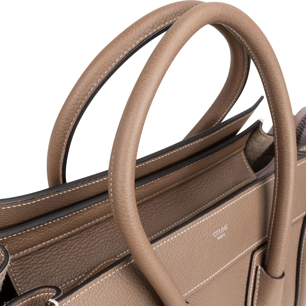 Celine Drummed Calfskin Luggage Handbag Taupe
