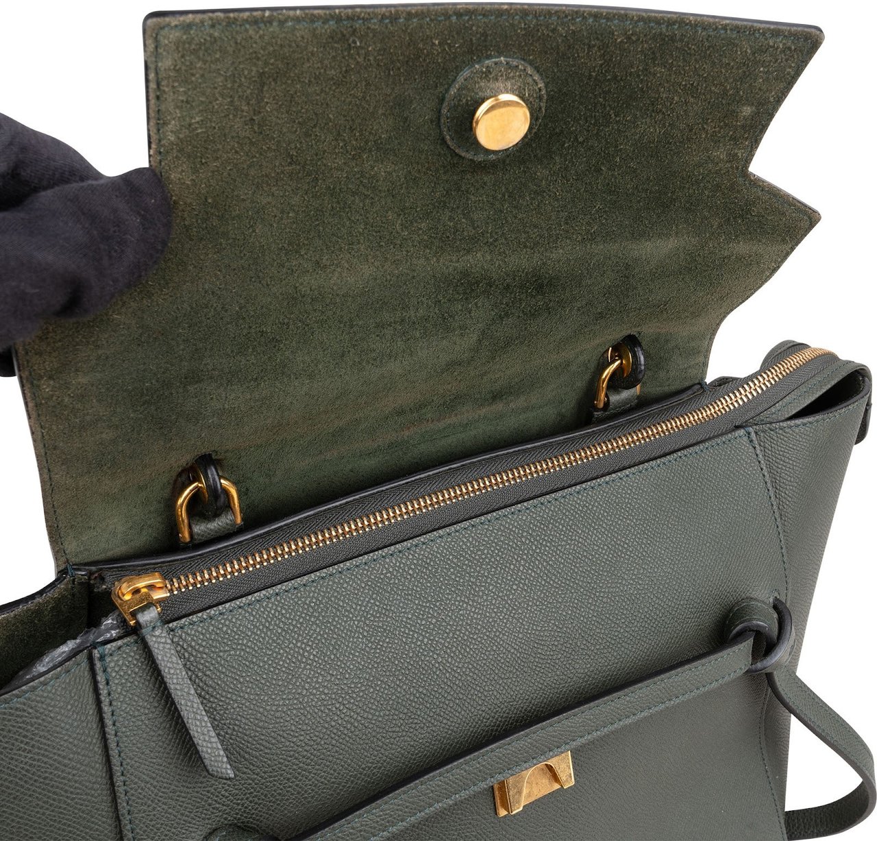 Celine Céline Dark Green Grained Leather Belt Handbag Donkergroen
