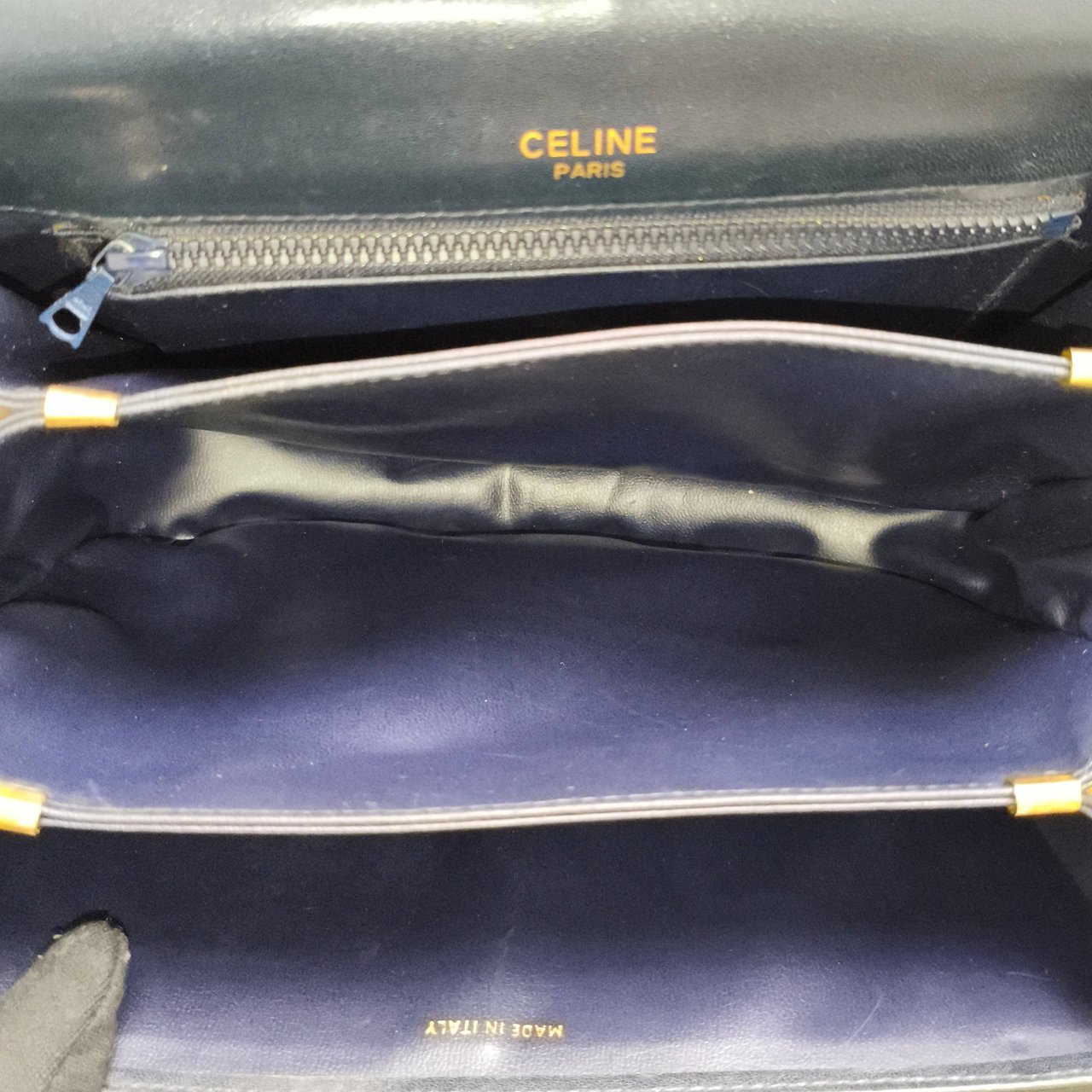 Celine Navy Boxcalf Leather Horse Carriage Triomphe Shoulder Bag Zwart