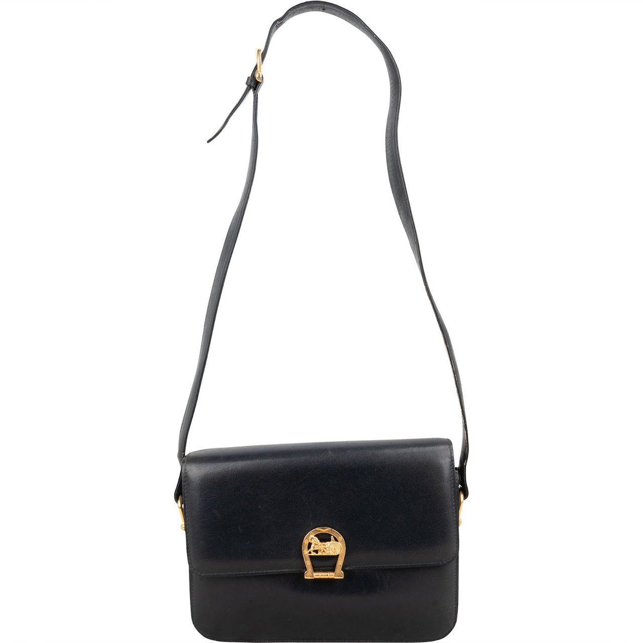 Celine Navy Boxcalf Leather Horse Carriage Triomphe Shoulder Bag Zwart
