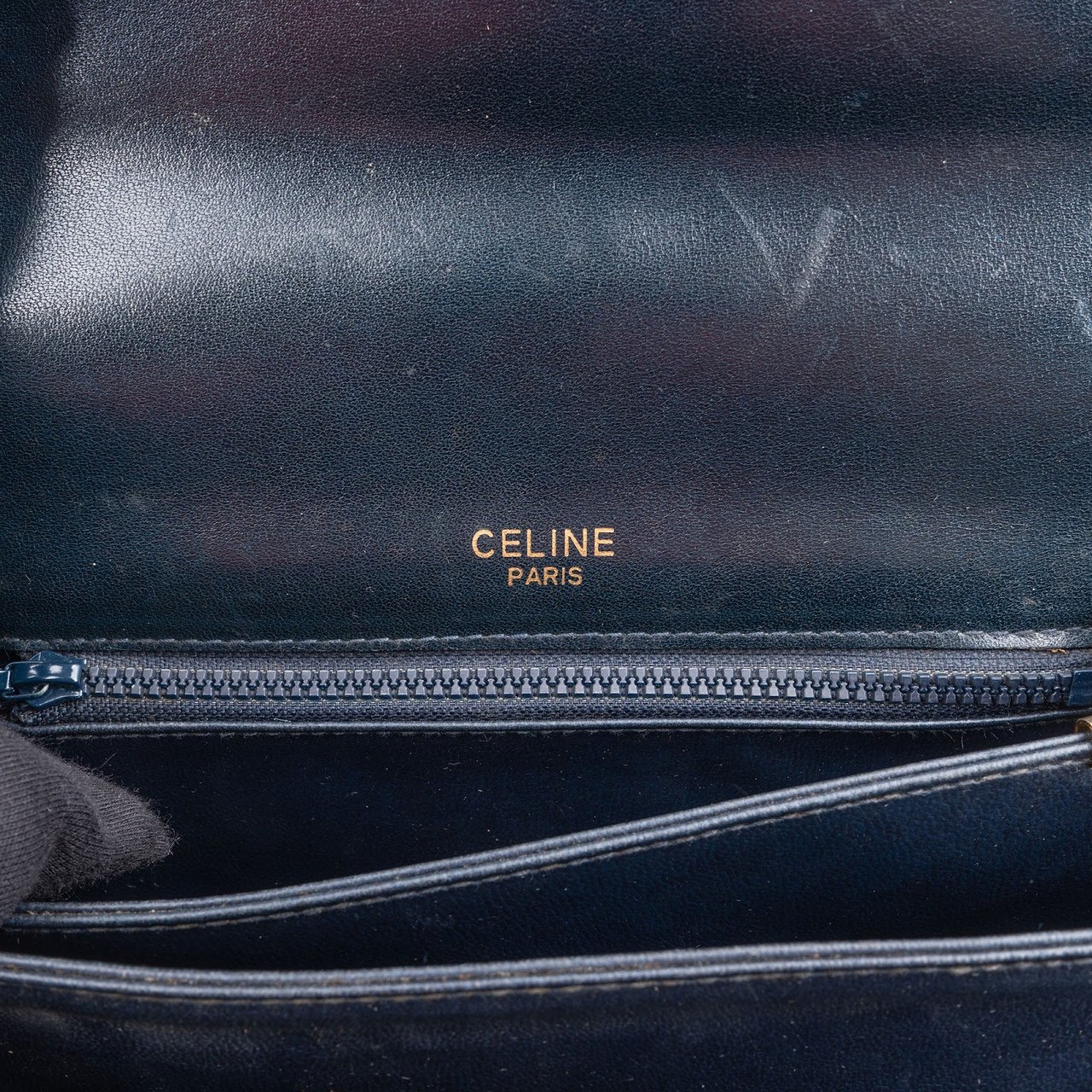 Celine Navy Boxcalf Leather Horse Carriage Triomphe Shoulder Bag Zwart