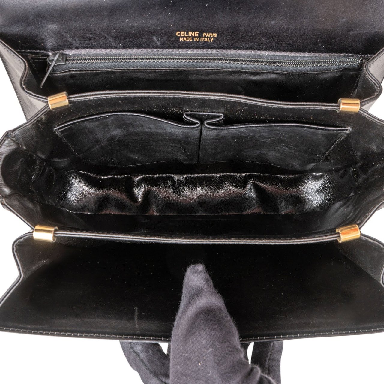 Celine Boxcalf Leather Horse Carriage Flap Triomphe Shoulder Bag Zwart