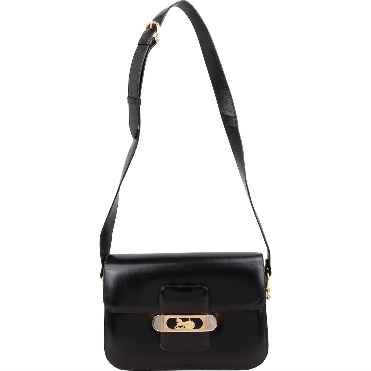 Celine Boxcalf Leather Horse Carriage Flap Triomphe Shoulder Bag Zwart