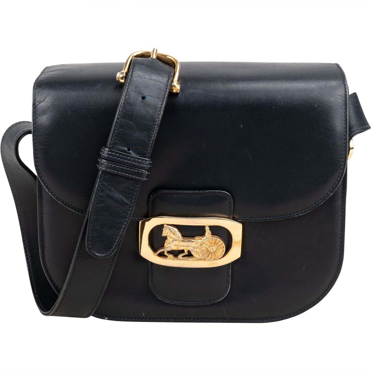 Celine Navy Boxcalf Leather Horse Carriage Triomphe Shoulder Bag Zwart