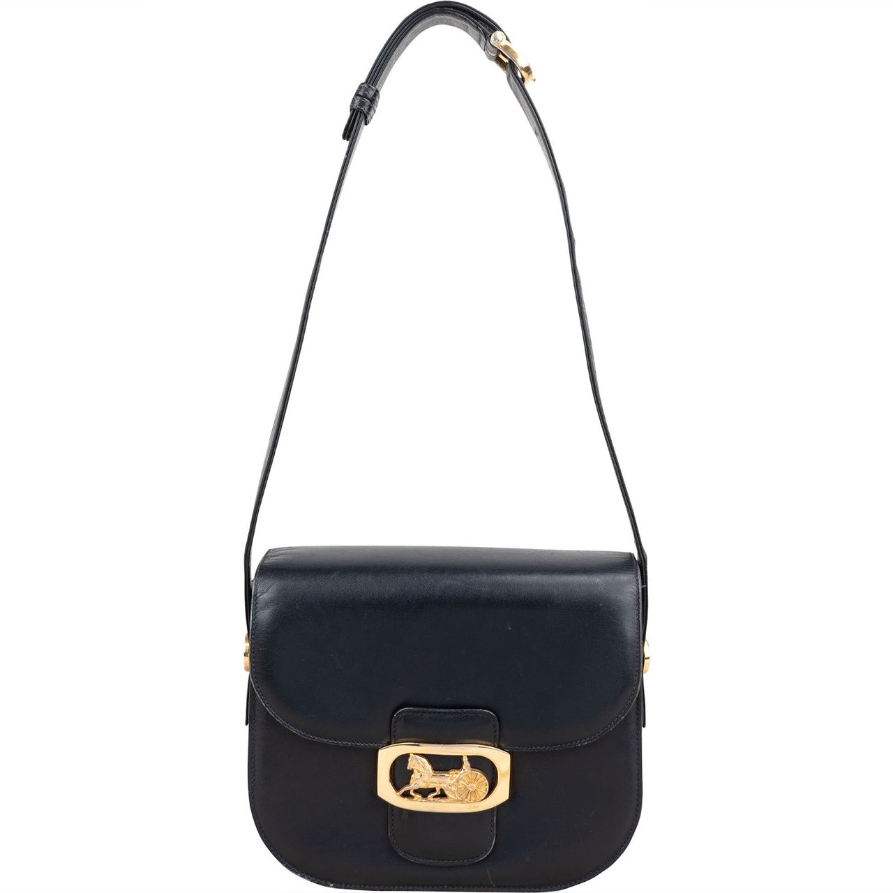 Celine Navy Boxcalf Leather Horse Carriage Triomphe Shoulder Bag Zwart