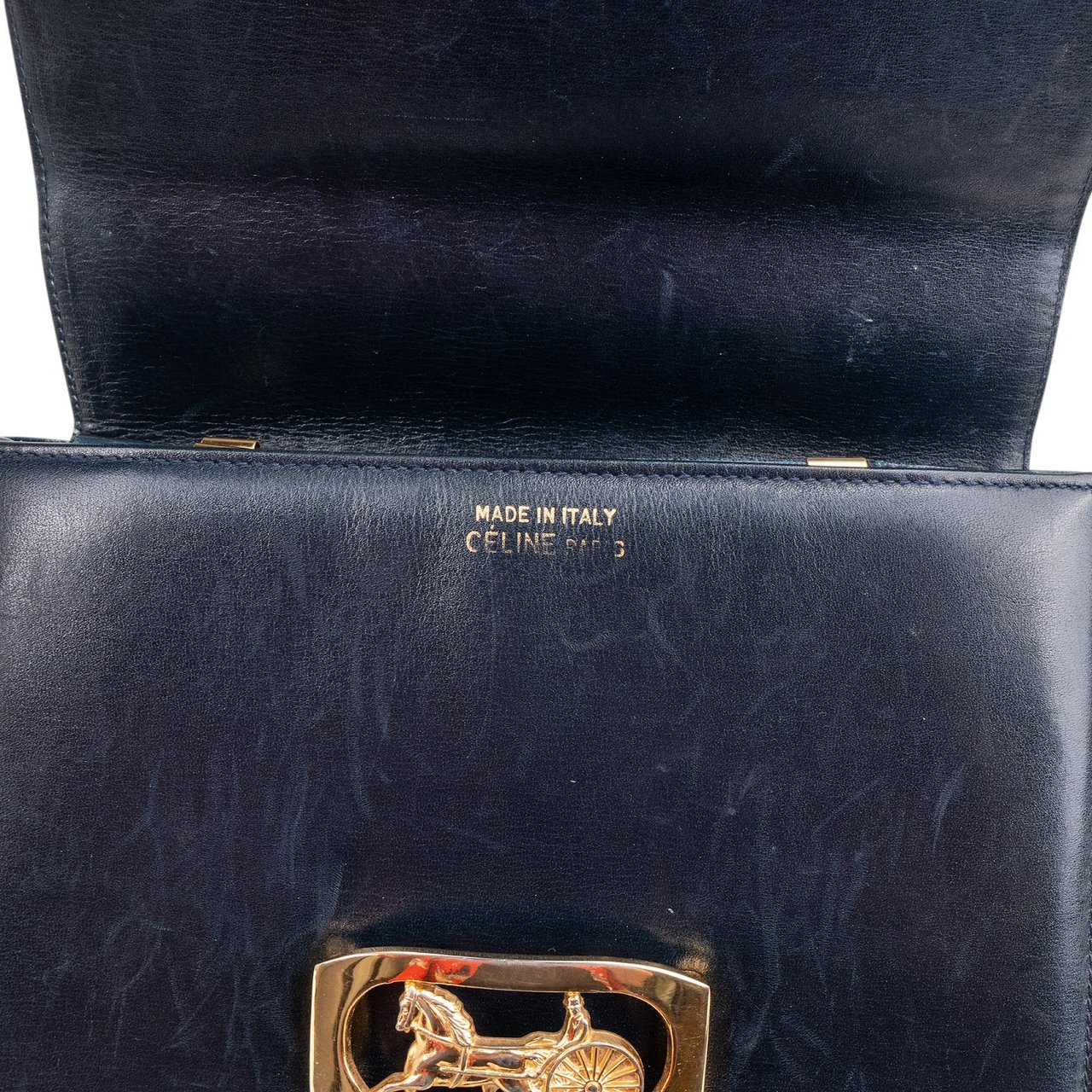 Celine Navy Boxcalf Leather Horse Carriage Triomphe Shoulder Bag Zwart