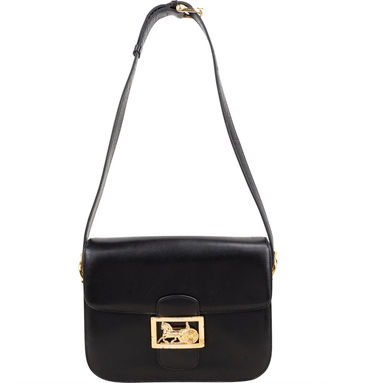 Celine Boxcalf Leather Horse Carriage Triomphe Shoulder Bag Zwart