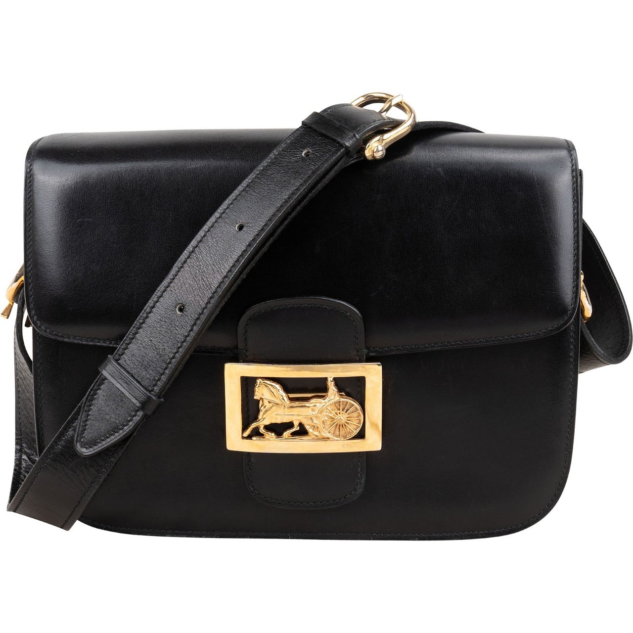 Celine Boxcalf Leather Horse Carriage Triomphe Shoulder Bag Zwart
