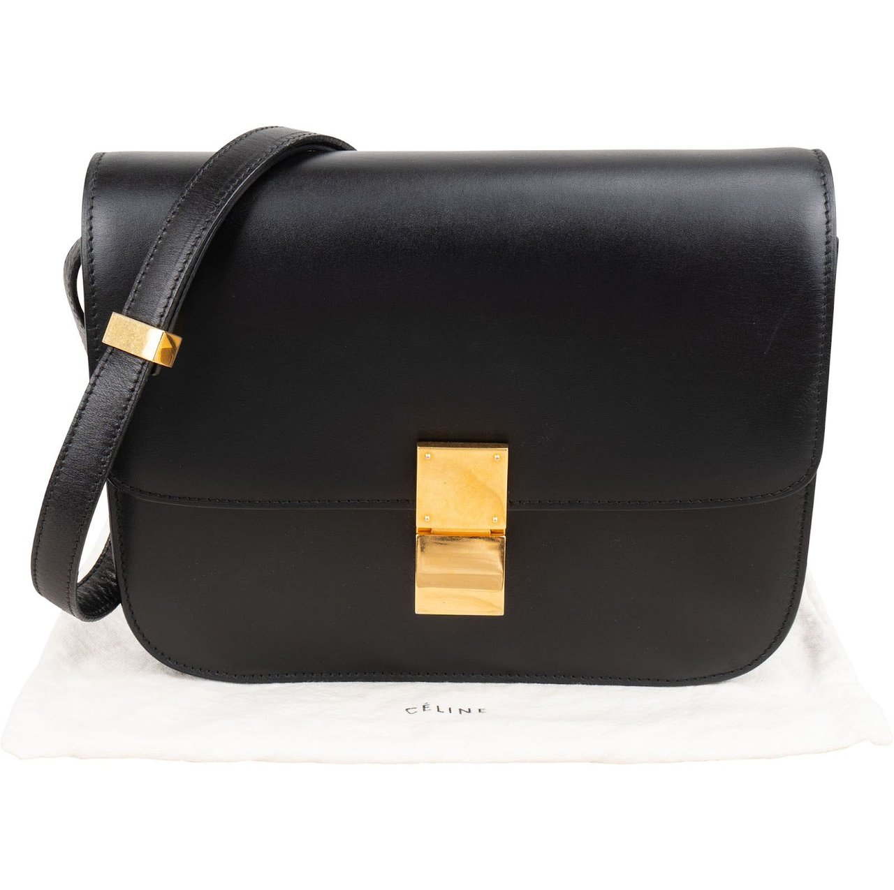 Celine Boxcalf Leather Seesaw Lock Triomphe Classic Box Crossbody Bag Zwart