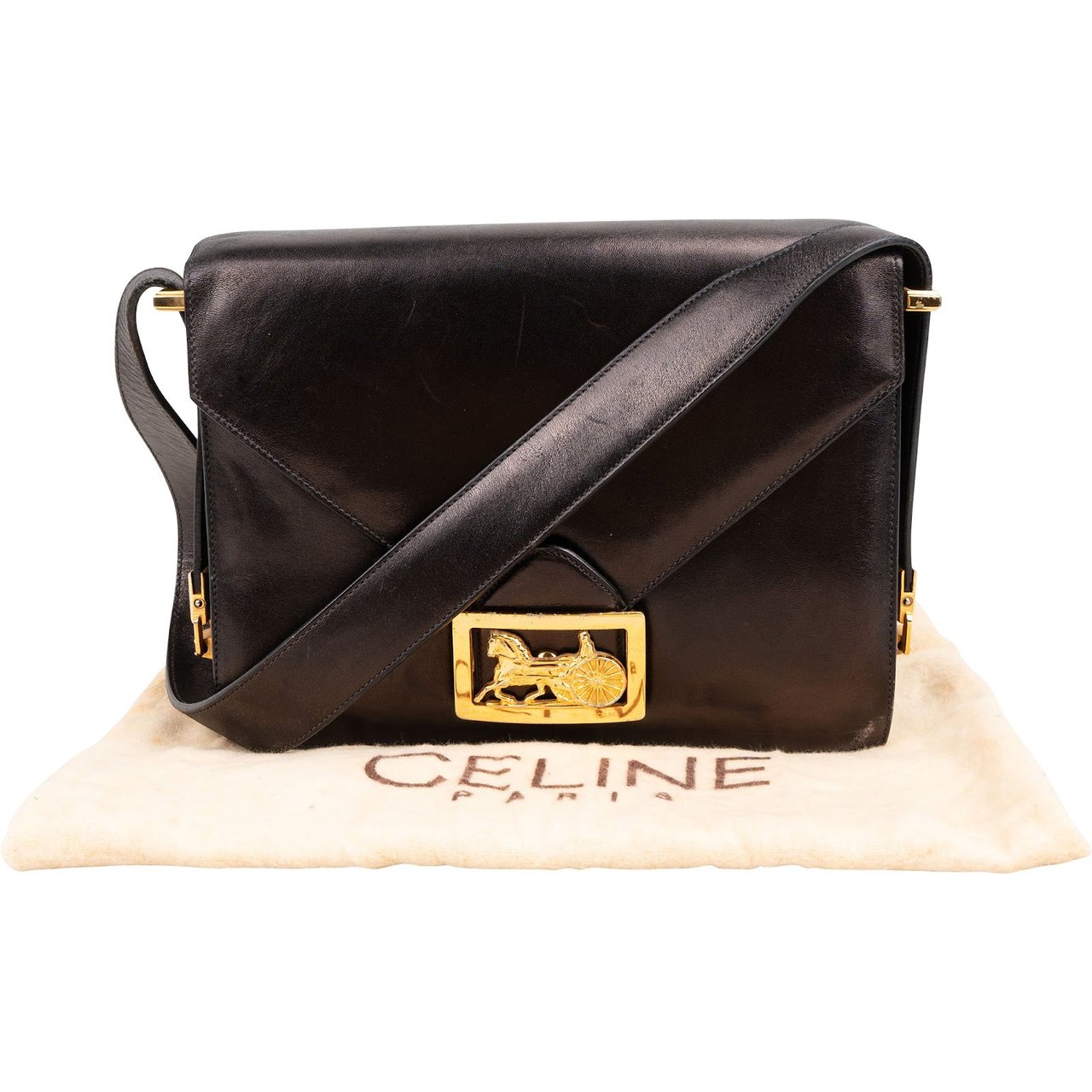 Celine Boxcalf Leather Horse Carriage Triomphe Shoulder Bag Zwart