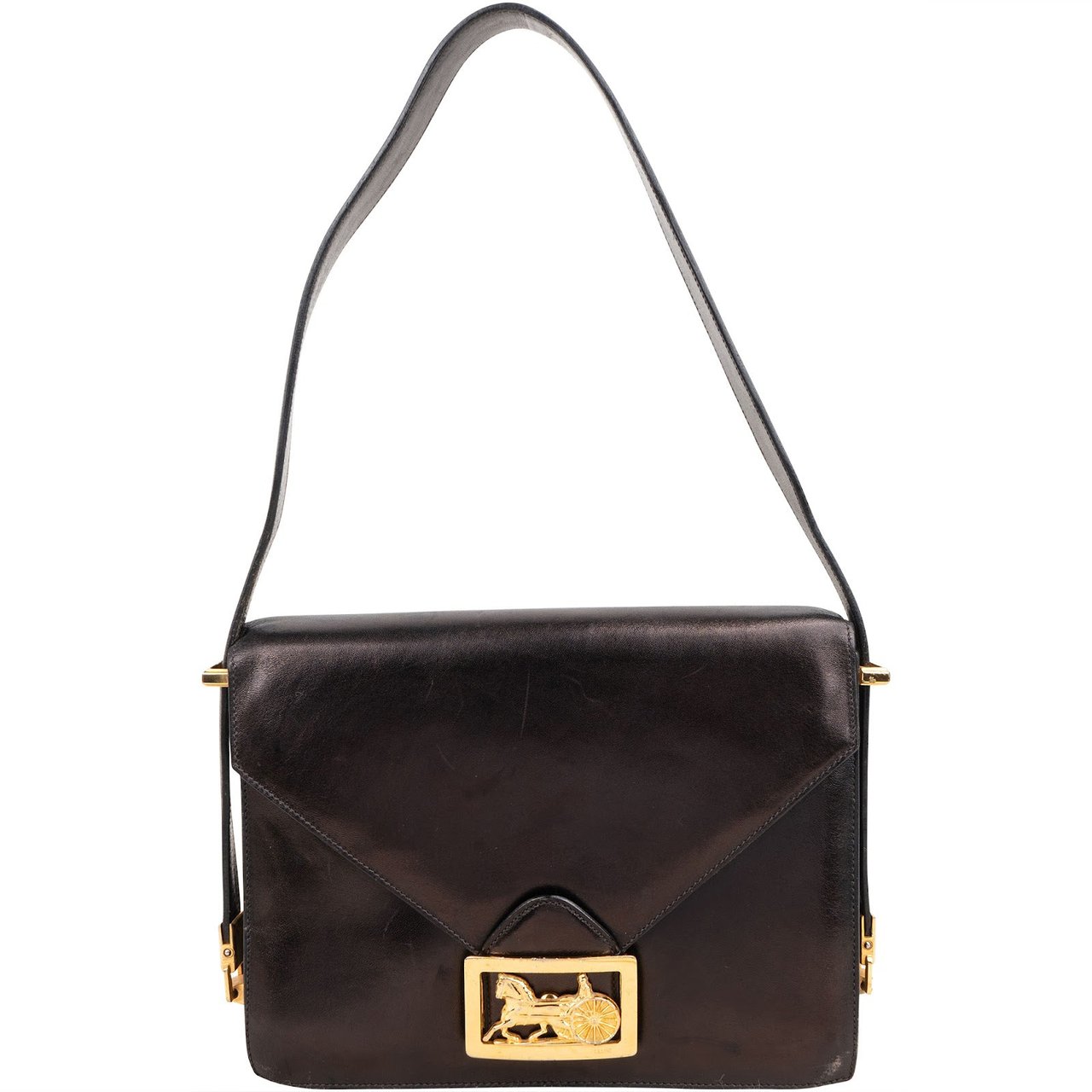 Celine Boxcalf Leather Horse Carriage Triomphe Shoulder Bag Zwart