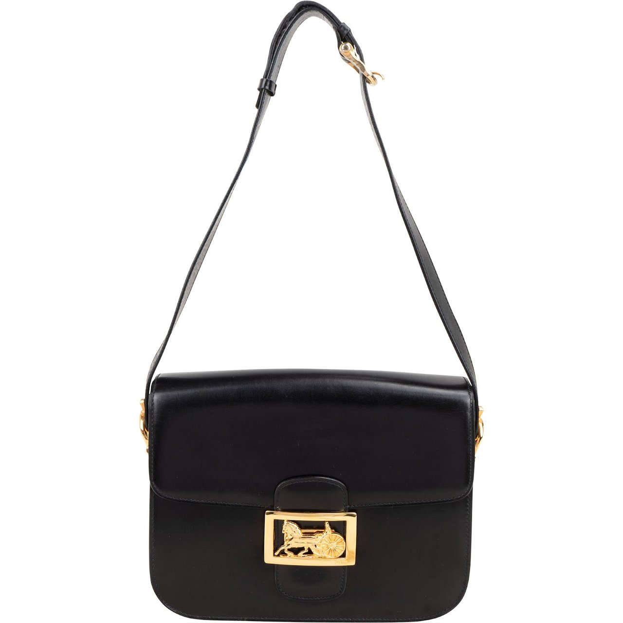 Celine Boxcalf Leather Horse Carriage Triomphe Shoulder Bag Zwart