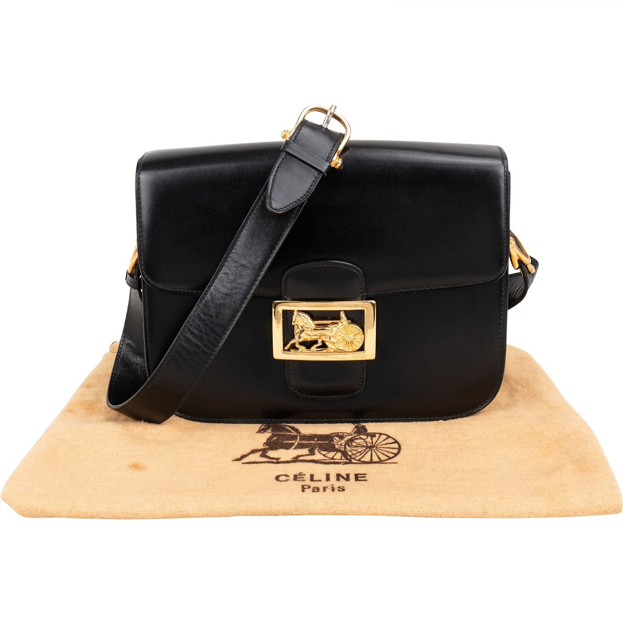 Celine Boxcalf Leather Horse Carriage Triomphe Shoulder Bag Zwart