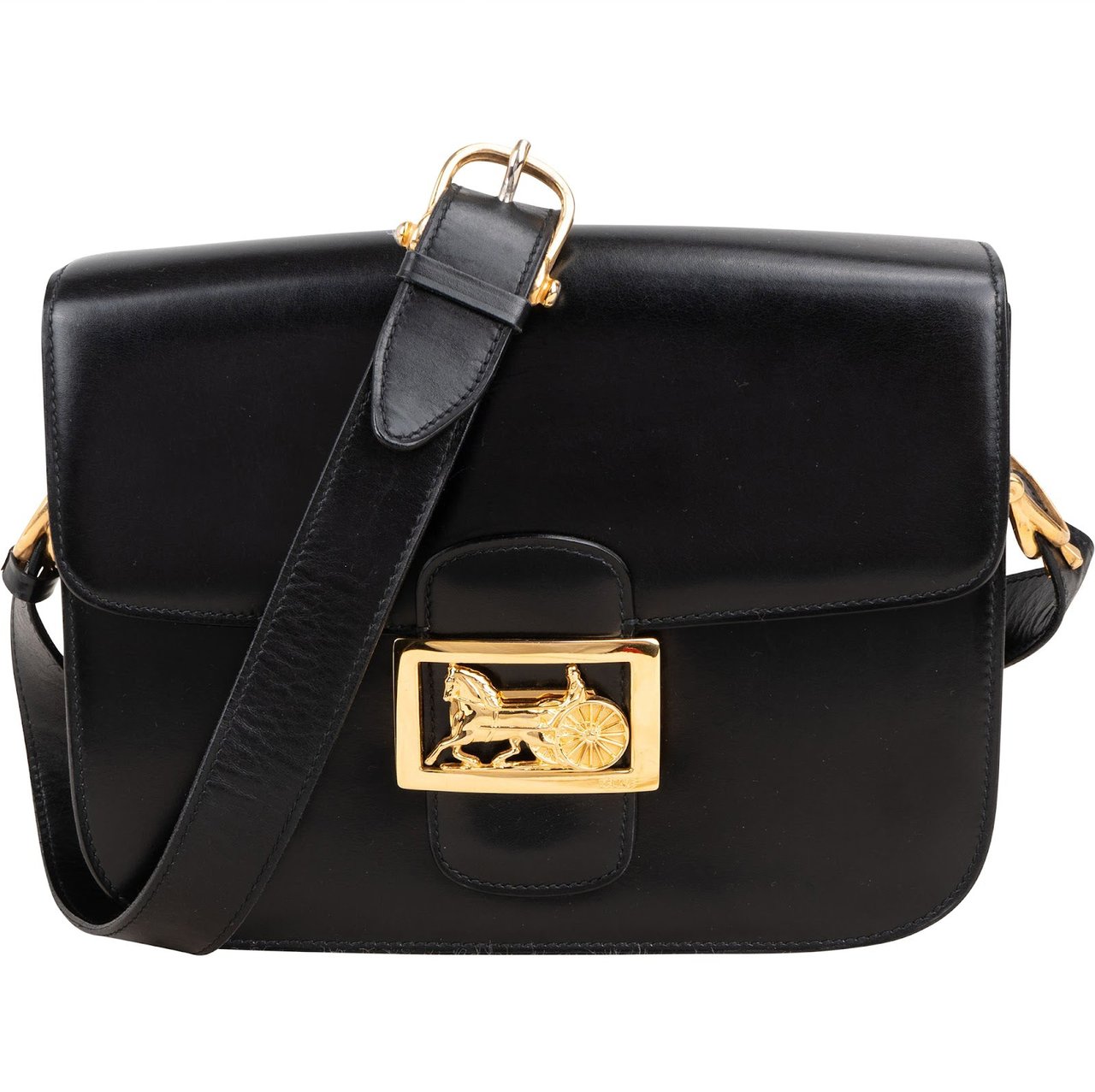 Celine Boxcalf Leather Horse Carriage Triomphe Shoulder Bag Zwart